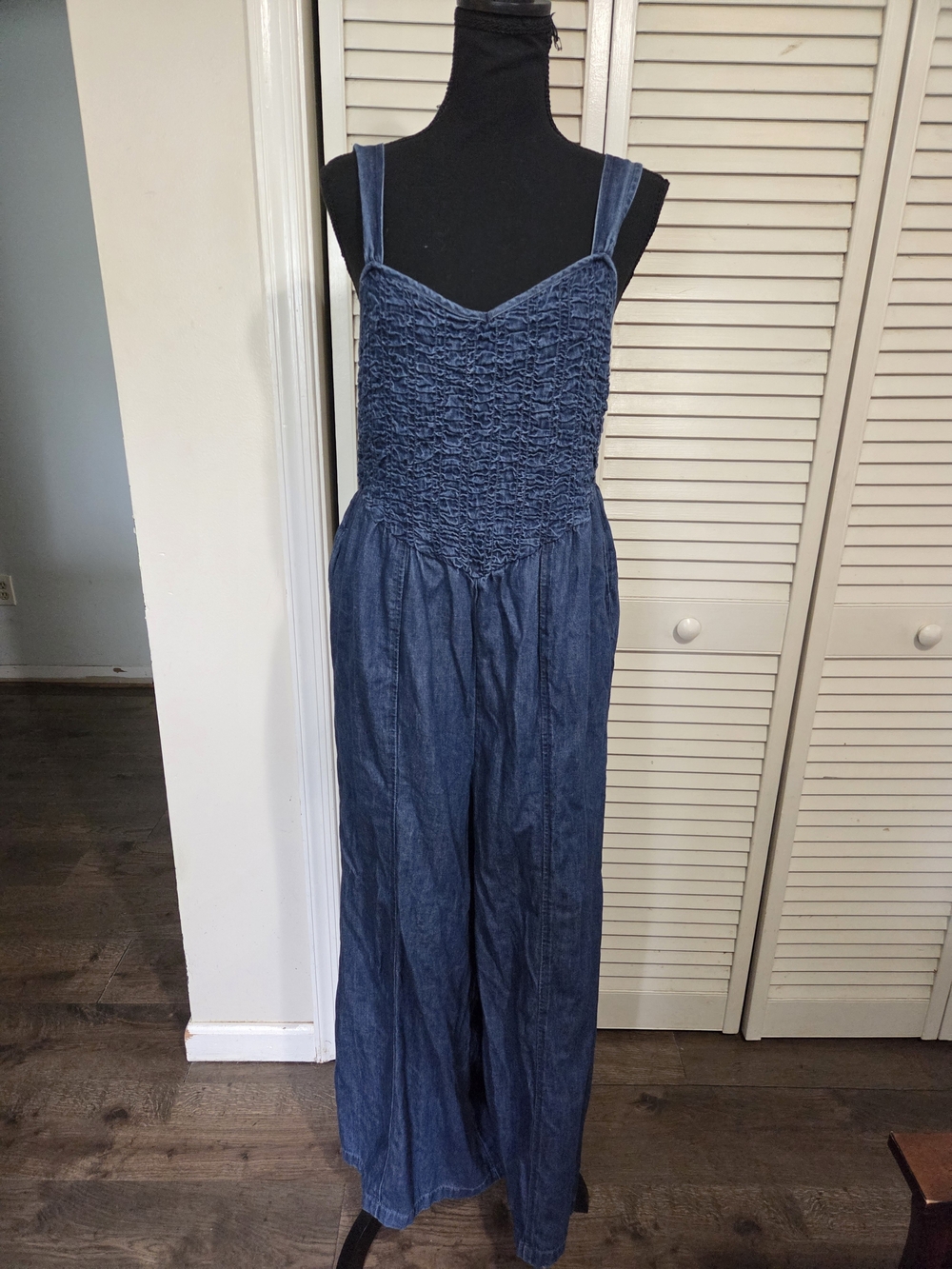 American Eagle Outfitters Denim Smocked Jumpsuit - Blue